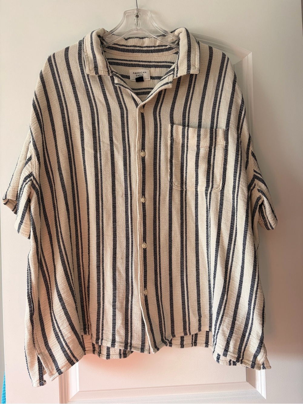 American Eagle Outfitters Cream and Navy Striped Short-Sleeve Button Shirt